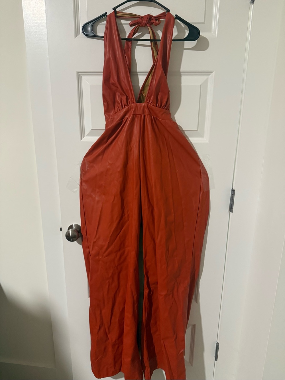 Fashion Nova Rust-Red Halter Wide-Leg Jumpsuit